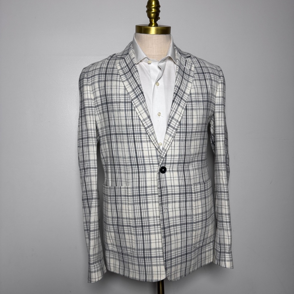 Billy Reid Sport Coat Mens 40R White Grey Plaid Wool Blend Italy Blazer